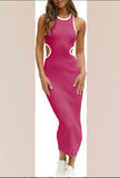 Sexy Cut Out Long Tank Dress with Fitted Round Neck and Ribbed Waist Cutout