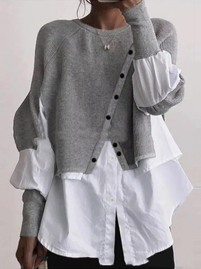 
                  
                    Camicia bianca patchwork multicolore lavorata a maglia a maniche lunghe girocollo
                  
                