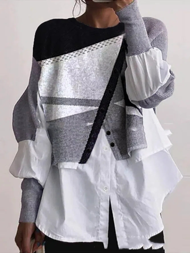 
                  
                    Camicia bianca patchwork multicolore lavorata a maglia a maniche lunghe girocollo
                  
                